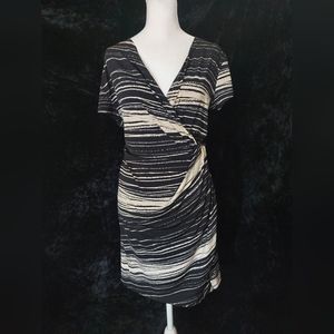 Onset Short Sleeve Black Cream Striped Wrap Dress Size Large NWT